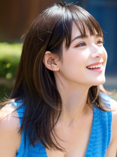 masuterpiece, Best Quality, Illustration, Ultra-detailed, finely detail, hight resolution, 8K photographic, Perfect dynamic composition, from front, 1 japanese girl, Beautiful detailed eyes, long wavy Hair, wearing sleeveless dress, make up:1.1, Random poses,Smile, Omotesando Street Walk, 28 years girl