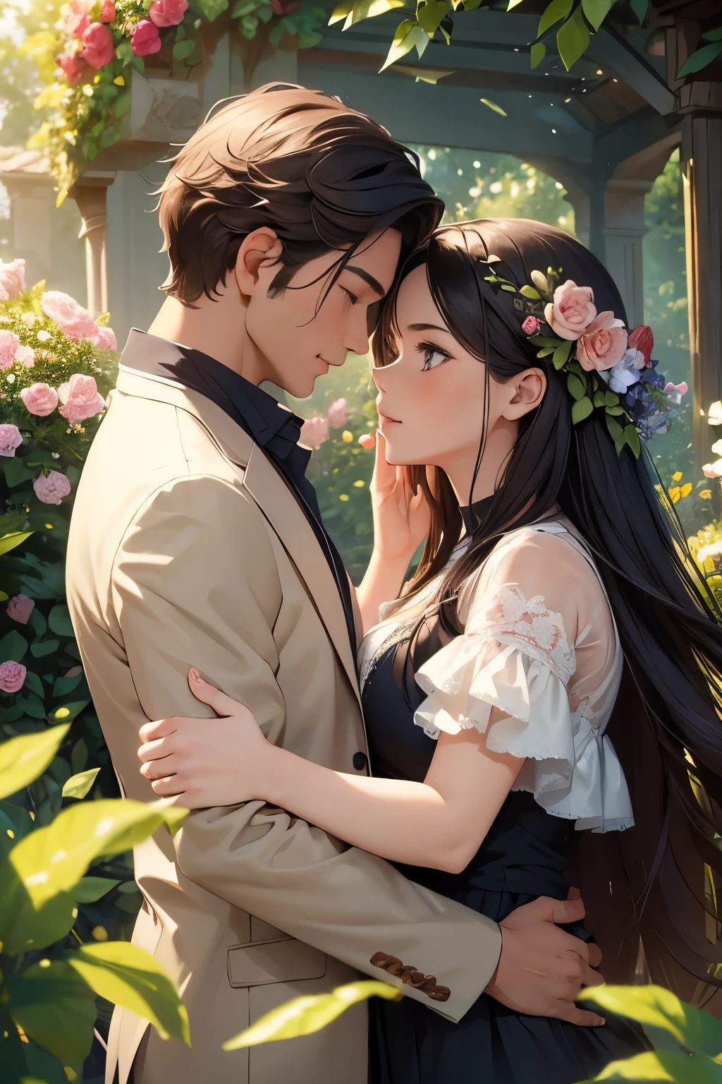 ((Best quality, 8K, masterpiece:1.3)), high detail, HD, masterpiece, epic quality, 2 people, man and girl, scene : girl and man in a beautiful garden, high detail of faces, drawing eyes, shadows, lips, man and girl, romantic setting, mysterious garden with flowering plants, beautiful flowers, beautiful garden, casual style, happy faces, love, natural poses, a girl and a man looking at each other