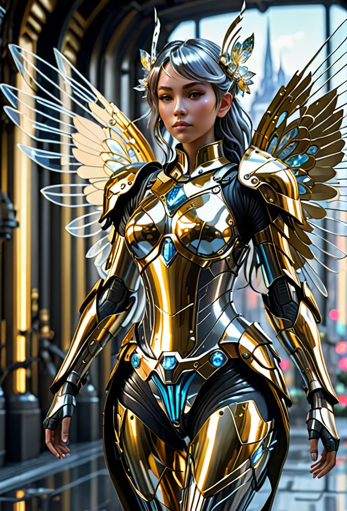 Cyberpunk fairy donning golden-silver full body armor with transparent diamond sheets wings Alphonse Mucha Greg Rutkowski Studio Ghibli bad anatomy blurred, 3d render, cinematic, illustration