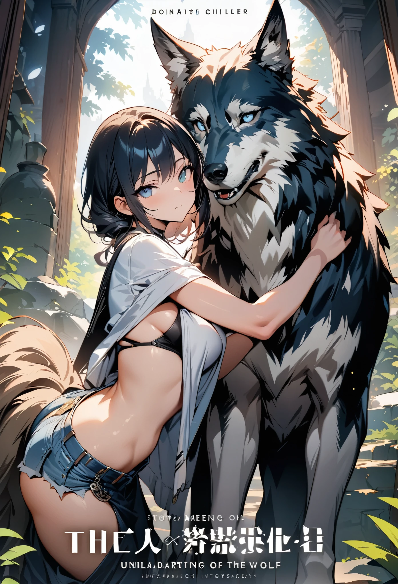 doujinshi cover_page, highres, top quality, best quality, paid reward available, unparalleled masterpiece, perfect artwork, absurdres, High-quality illustrations, super high resolution, detailed background, perfect anatomy, The story of the meeting of a girl and a wolf,