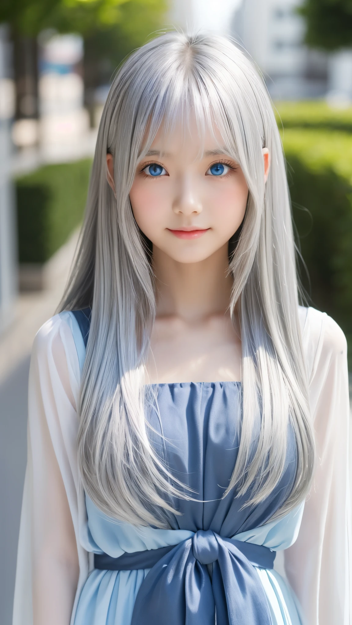 Shining, clear, white skin、Her windblown silver hair hides her beautiful face.、huge、28 years old cute sexy little beautiful face、Beautiful straight hair that stands out、growing up, Sparkling light blue eyes、long silky bangs that cover cute eyes, Sexy and cute young woman with super long hair hiding her sexy face、shining silver hair