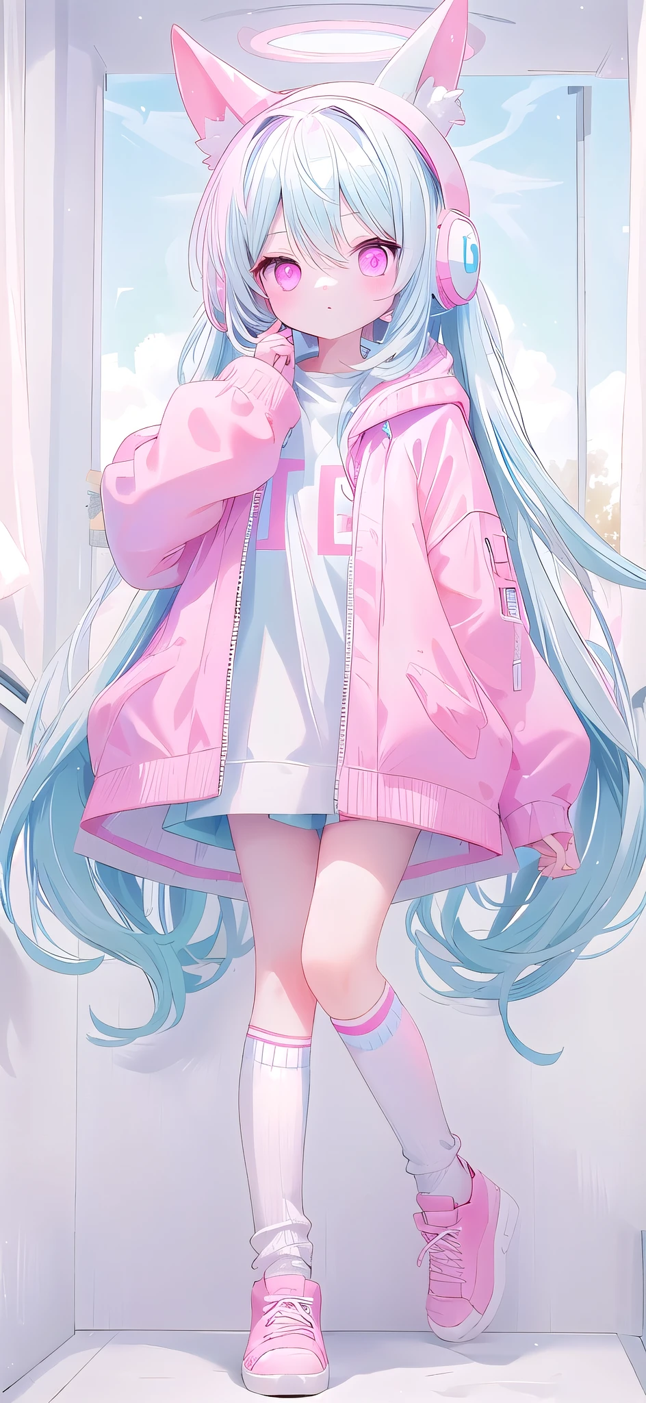 ，White knee socks，Long light blue hair，Pink and white sweatshirt，pink eyes，Blue headphones