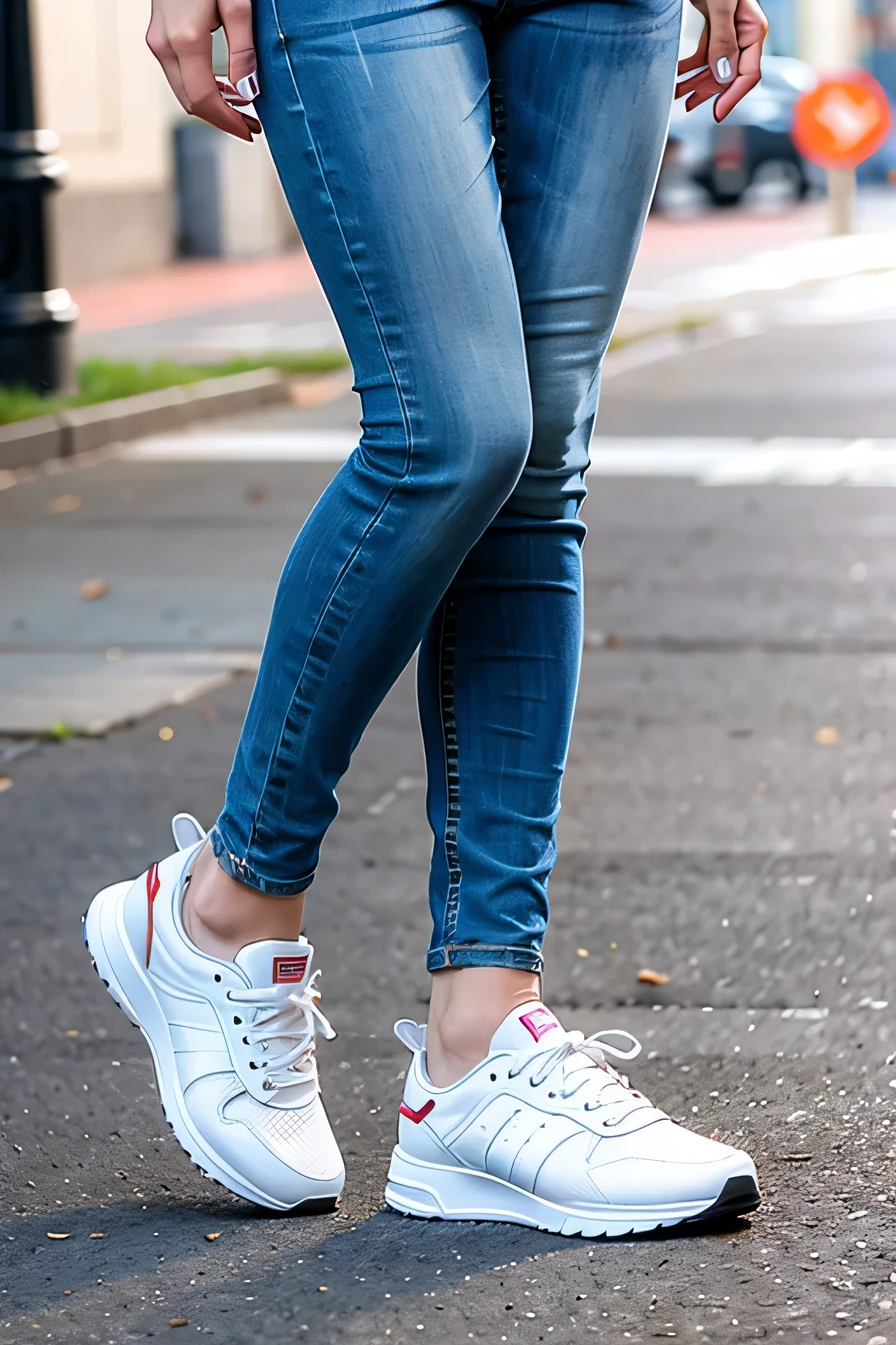 Woman in sneakers , feet, Skinny jeans、close