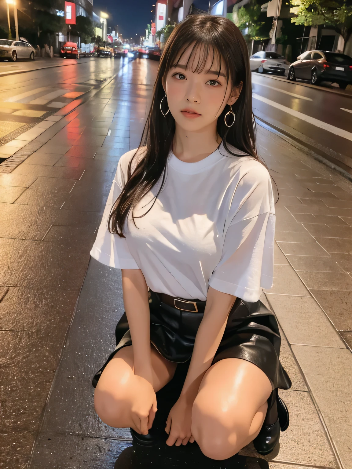 Full body portrait, 8K image quality, masterpiece, real human feeling, realistic skin texture, natural skin, Japanese woman squatting in a coin parking lot in Tokyo on a rainy summer night, midsummer, super , wet clothes, Earrings, T-shirt, miniskirt, thigh belt, T-shirt bulging out, long black hair with bangs, shallow depth of field