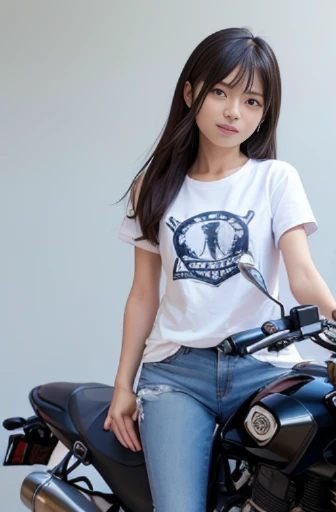 Japanese female, a lot of details, (underweight), 30 years old, detailed black hair, beautiful detailed hair, super fucking beautiful, desert, (riding motorcycle:1.2), (yamaha off road motorcycle),running at full speed, (white t-shirt), (denim shorts), in the desert, with a sun, long shot, dynamic angle,motion blur:1.6