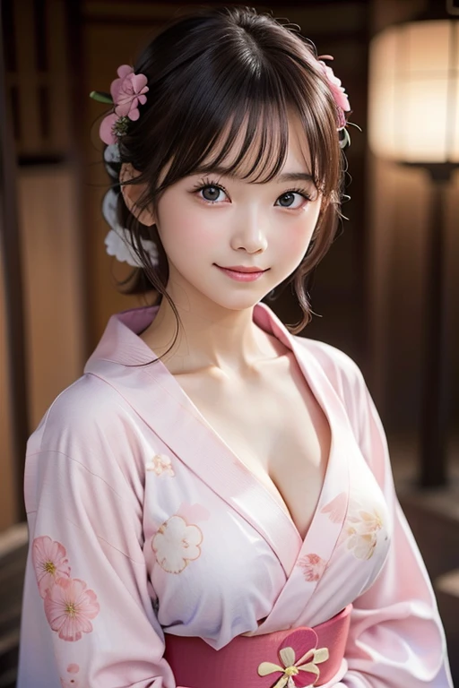 (1**ung girl), Extremely cute face, Amazing face and eyes, (Highly detailed eyes, Highly detailed face), fresh, Very clean appearance, (Hyper-realistic, hight resolution), (Best Quality:1.4), Raw photo, (Realistic, Photorealsitic:1.37), Professional Photography, (light pink floral pattern yukata:1.5), (Open yukata), (cleavage:1.2), (Bare shoulders), Smile slightly, (Staring at me), Bedroom, girl portrait 