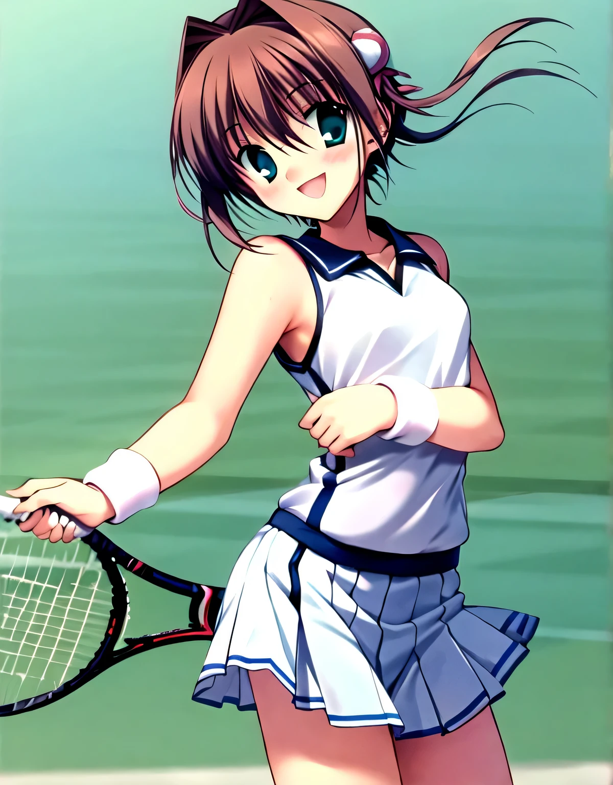 asakura_yume,Brown Hair,Medium Chest,Aqua Eye,White skin,Normal chest,Tennis court,Are standing,((Sleeveless_Tennis Wear)),smile,