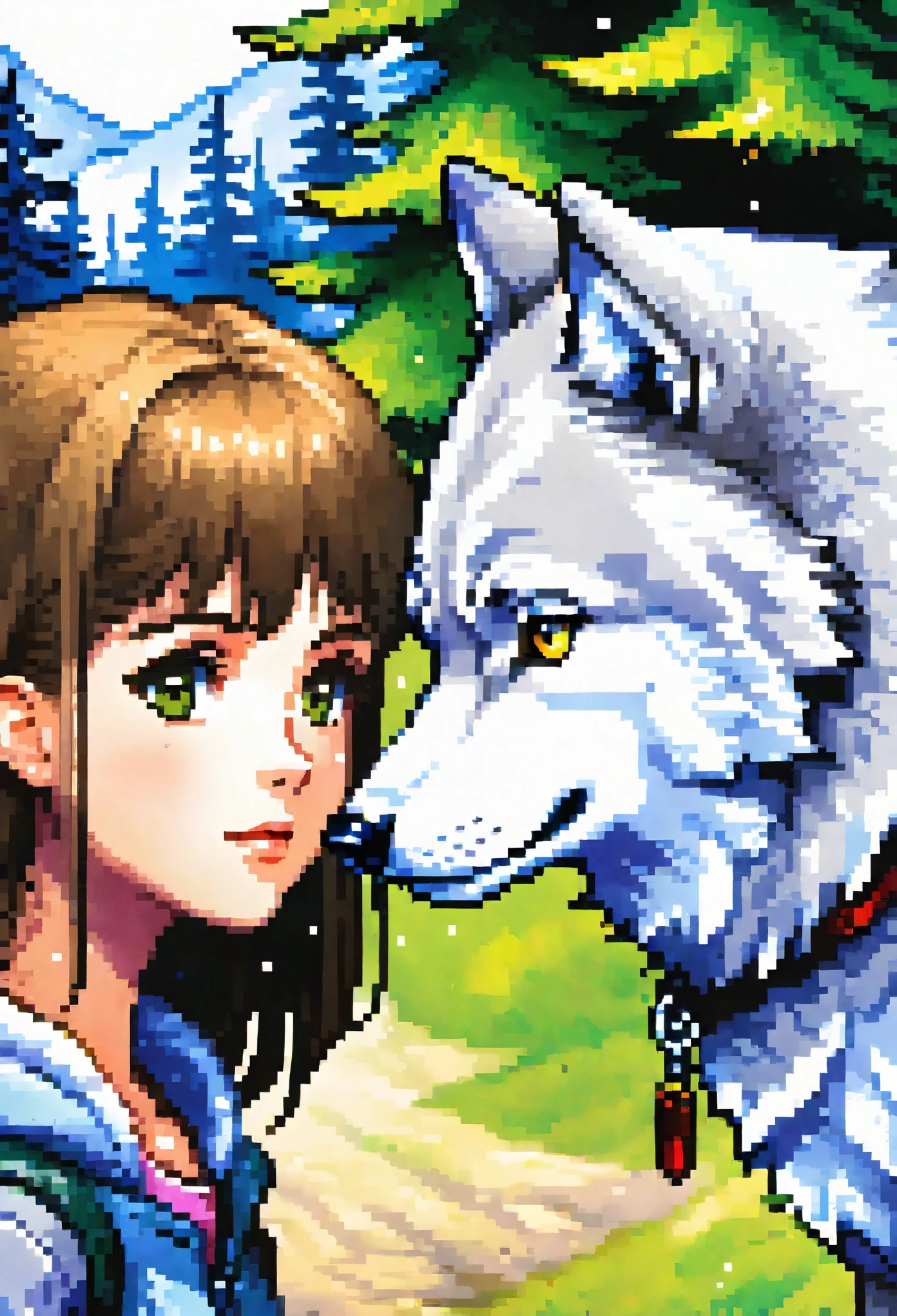 doujinshi cover_page, highres, top quality, best quality, paid reward available, unparalleled masterpiece, perfect artwork, absurdres, High-quality illustrations, super high resolution, detailed background, perfect anatomy, The story of the meeting of a girl and a wolf,