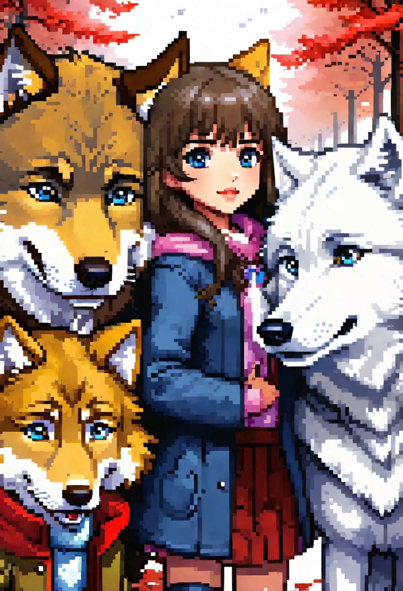 doujinshi cover_page, highres, top quality, best quality, paid reward available, unparalleled masterpiece, perfect artwork, absurdres, High-quality illustrations, super high resolution, detailed background, perfect anatomy, The story of the meeting of a girl and a wolf,