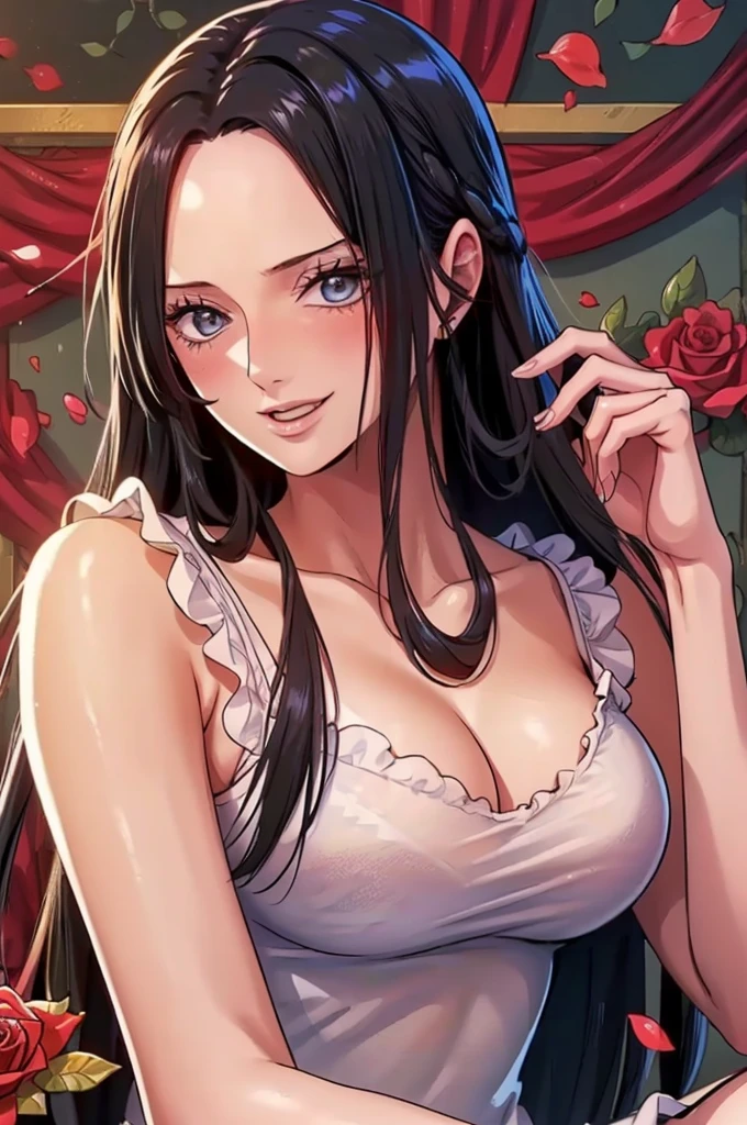 best quality, masterpiece, highly detailed,1girl,  ((rose)), (vine), cage, bandage, red rope, (detail light), falling rose petals, Boa Hancock, , (masterpiece:1.5), Detailed Photo, Smiling, Sexy, (8K, Best Quality: 1.4), (1girl), Beautiful Face, (anime realistic Face), (Black Hair, long Hair: 1.3), Beautiful Hairstyle, Realistic eyes, beautiful detail eyes, (white skin), beautiful skin, absurd, attractive, ultra high resolution, ultra realistic, high definition, golden ratio, (sexually aroused:1.5), Pinkish white skin, cool white light, sexy pose, Beautiful , white background, pink soft white light, Wear a white dress, sexy armpit, black lace bra