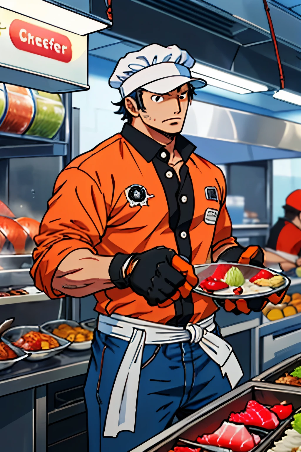 ((best quality)), ((chef-d&#39;artwork)), (detailed), visage parfait, One Piece two male fighter badass caractere with fishing rod , detailed clothes, selling fresh fish to client in market , black opened shirt, blue jean short, blue and red fighting american glove, orange cap