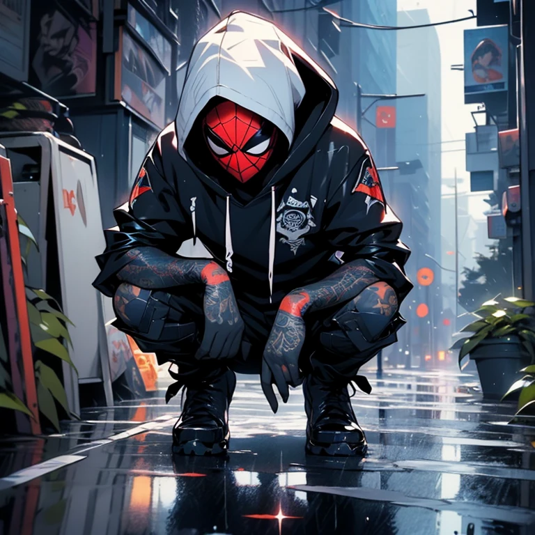a man in a hoodie crouches down in the rain, clayton crain, spider - verse art style, dark blue leather armor, leon tukker, real trending on instagram image, nypd, inspired by Sebastian Spreng, spider webs, stunningly detailed, black energy, by François Quesnel, hacker