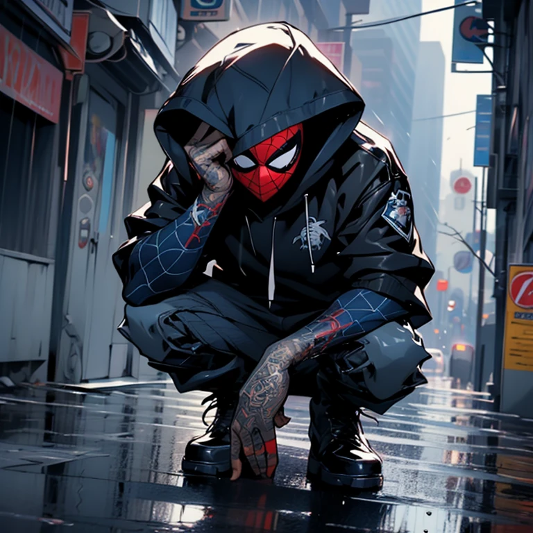 (masterpiece, best quality), intricate details, 8k, artstation, wallpaper, official art, splash art, sharp focus, big hair, face, spider suit, spider web print, spider web,  
skyscrapers, city, buildings, cars, street, man