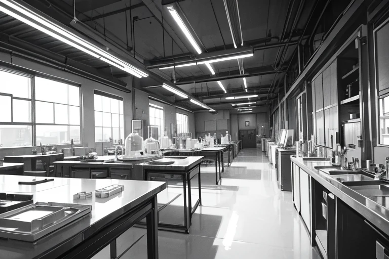 monochrome,masterpiece, illustration, best quality, best aathetic,Laboratory,,no human,no animal,