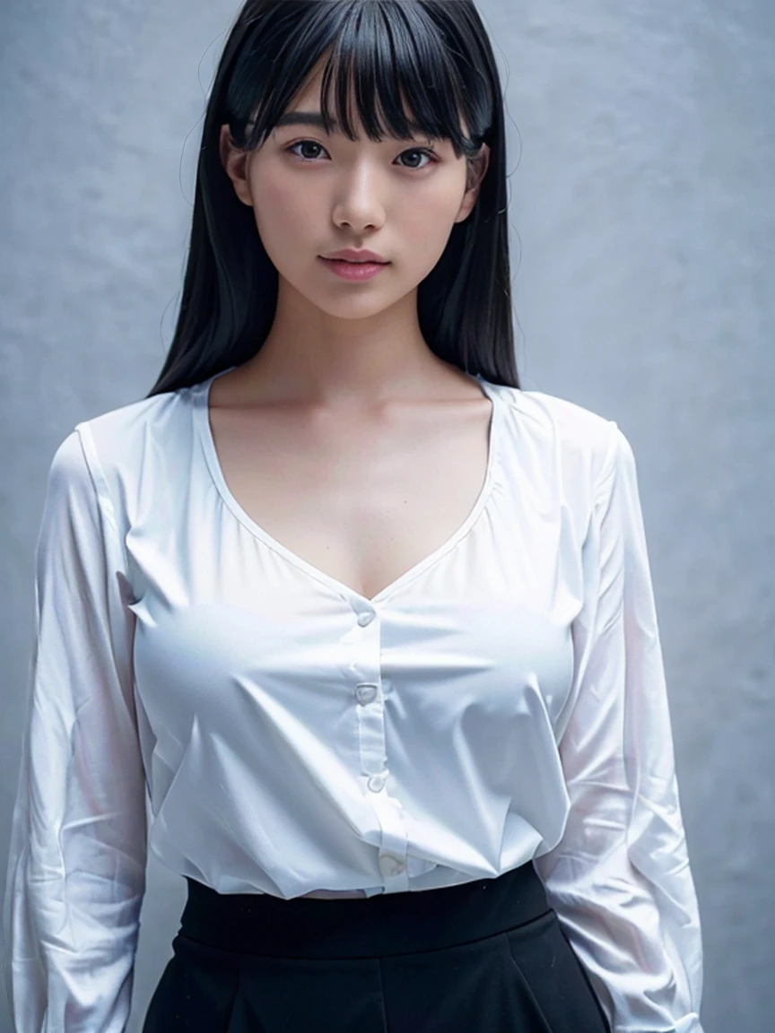 (high resolution:1.5),(8K:1.5),(High resolution:1.5),(masterpiece:1.5),Young face,Japanese woman in her early teens,Looking at this,Big Breasts,A white blouse that shows the shape of your breasts,mini skirt,whole body