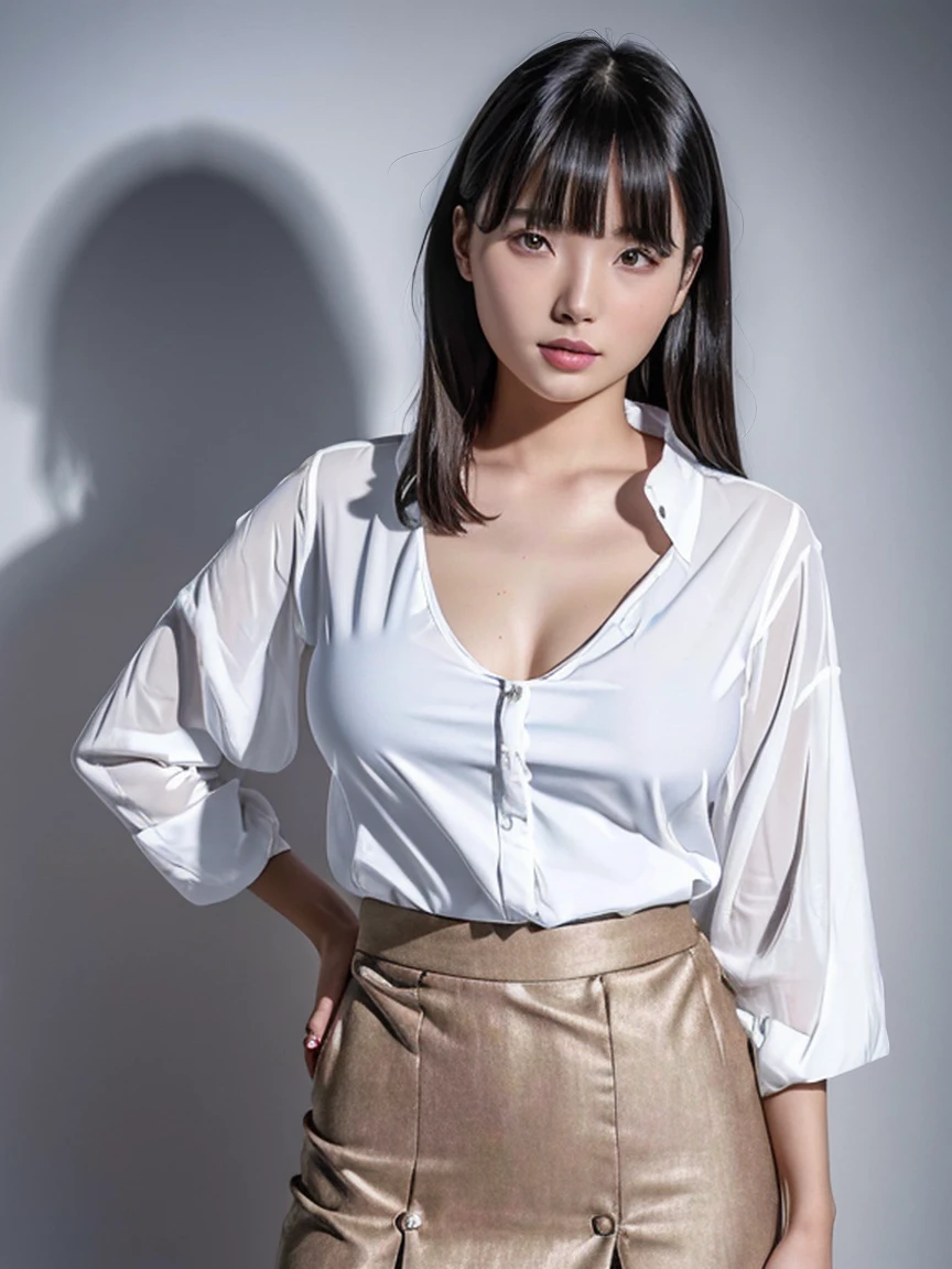 (high resolution:1.5),(8K:1.5),(High resolution:1.5),(masterpiece:1.5),Young face,Japanese woman in her early s,Looking at this,Big Breasts,A white blouse that shows the shape of your breasts,mini skirt,whole body