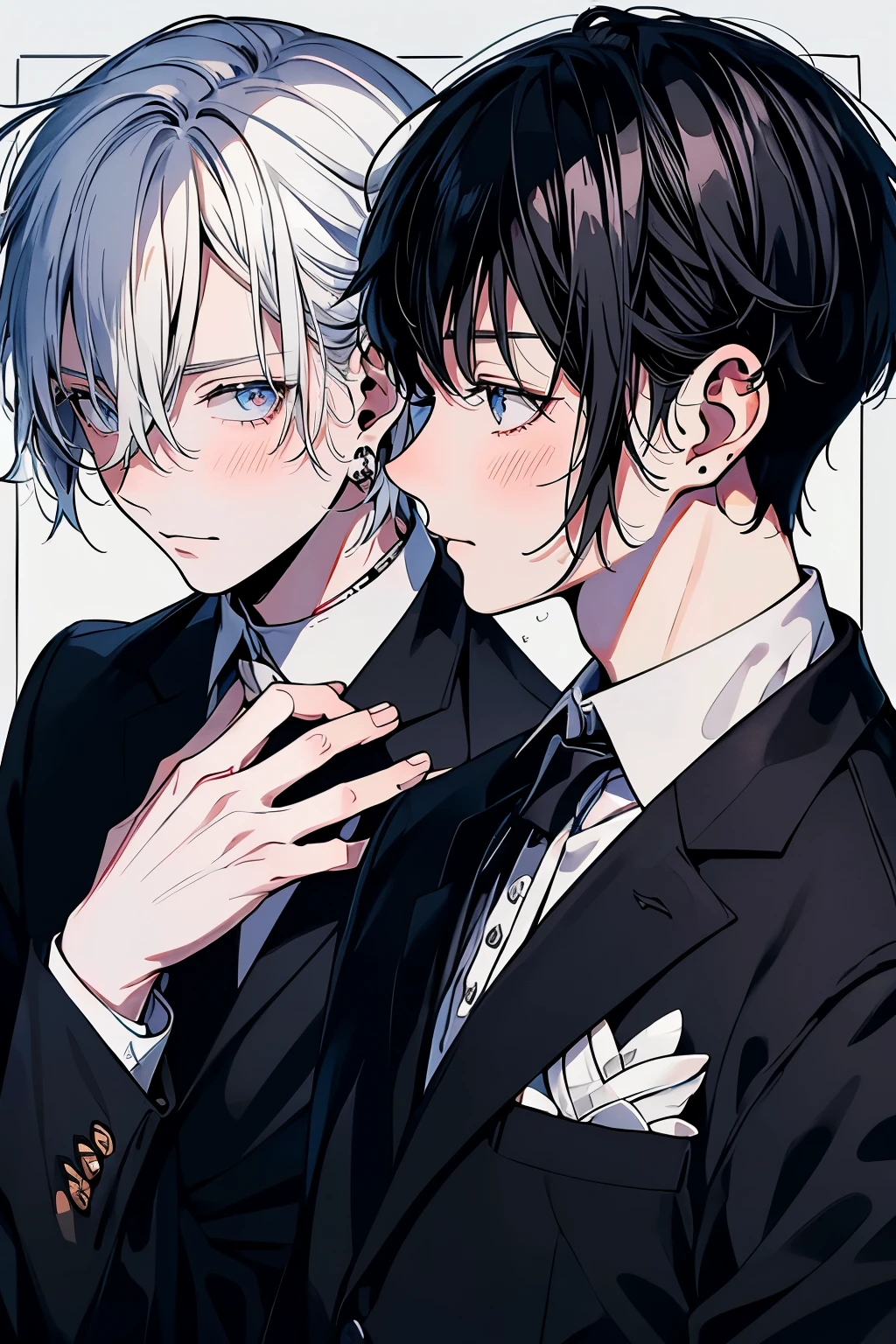 (Mastepiece), (Best Quality), Very detailed, ((Two friendly men)), Perfect Face, Beautiful Face, Very detailed顔,(Black Haired Man:1.3),(Man with white hair:1.3),suit,shirt