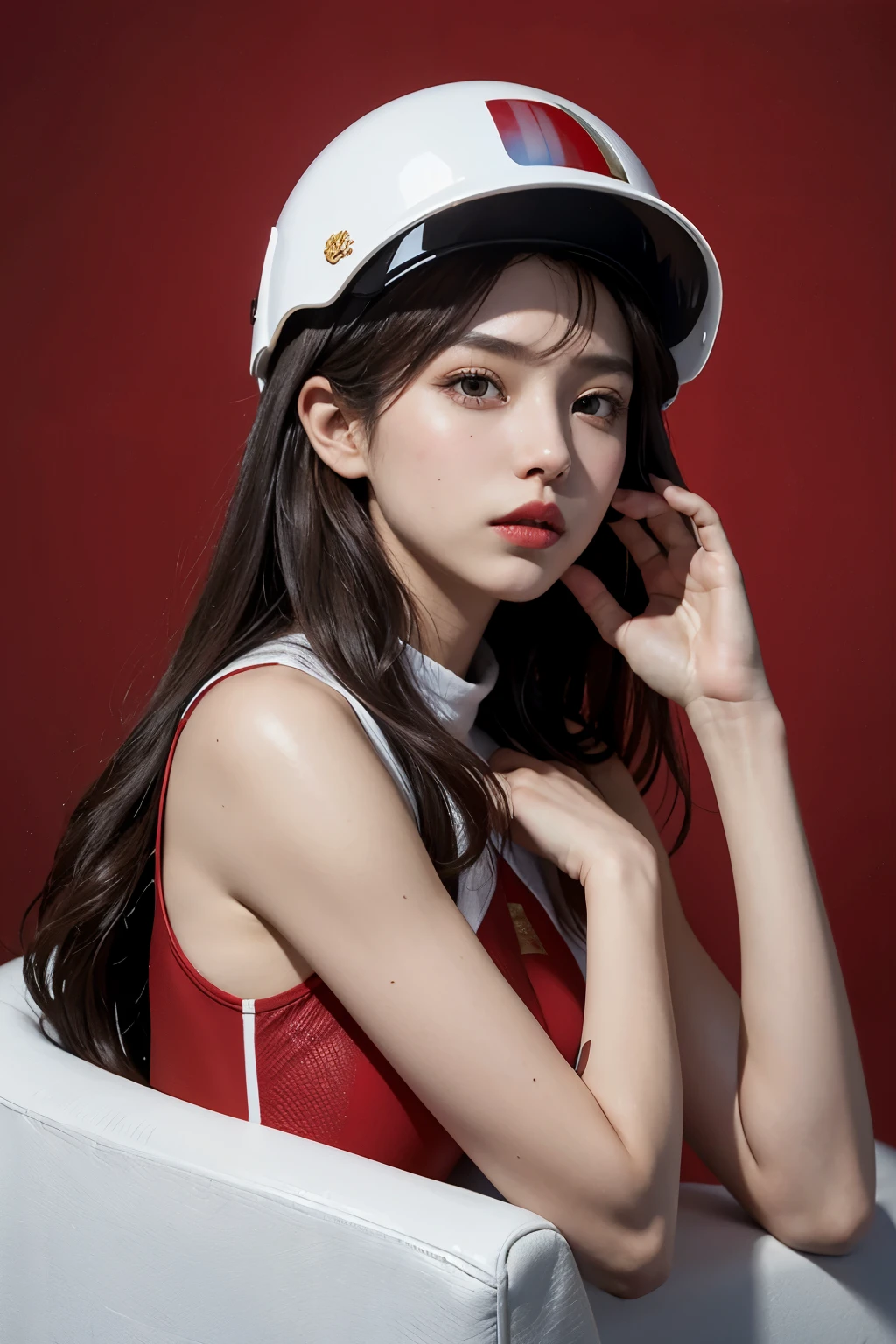 1 woman,biggest,Beloved,beautiful and delicate eyes,shiny hair,Visible through the hair,hair between eyes,DWJ Poster,soviet union 게시물,Red 단색,soviet union 포스터,soviet union,communism,brown hair,red eyes,vampire,age girl,poor milk,racing race suit, White_Gloves, sports shoes, Red_helmet, DWJ red letter on the top of the helmet, side lights, reflect, Right hand is outstretched,The left hand is touching the racing car. 태양은 빛을 reflect한다.,silver metal,Red Flag,Polish,soviet union의 스타일,diffused reflectetalictexture,The scenery is a racing stadium,In Mecca style,Star Ocean,high key,a proud man