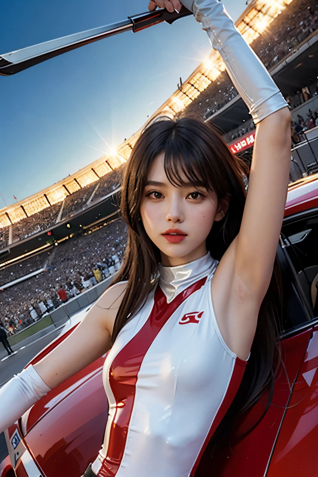 1 woman,biggest,Beloved,beautiful and delicate eyes,shiny hair,Visible through the hair,hair between eyes,DWJ Poster,soviet union 게시물,Red 단색,soviet union 포스터,soviet union,communism,brown hair,red eyes,vampire,age girl,poor milk,racing race suit, White_Gloves, sports shoes, Red_helmet, DWJ red letter on the top of the helmet, side lights, reflect, Right hand is outstretched,The left hand is touching the racing car. 태양은 빛을 reflect한다.,silver metal,Red Flag,Polish,soviet union의 스타일,diffused reflectetalictexture,The scenery is a racing stadium,In Mecca style,Star Ocean,high key,a proud man