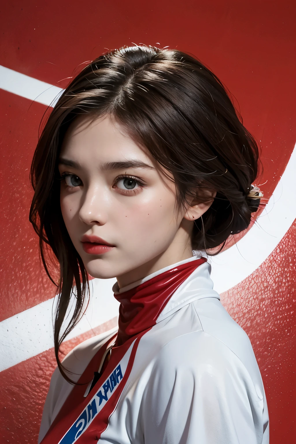 1 woman,biggest,Beloved,beautiful and delicate eyes,shiny hair,Visible through the hair,hair between eyes,DWJ Poster,soviet union 게시물,Red 단색,soviet union 포스터,soviet union,communism,brown hair,red eyes,vampire,teenage girl,poor milk,racing race suit, White_Gloves, sports shoes, Red_helmet, DWJ red letter on the top of the helmet, side lights, reflect, Right hand is outstretched，The left hand is touching the racing car. 태양은 빛을 reflect한다.，silver metal，Red Flag，Polish，soviet union의 스타일，diffused reflectetalictexture，The scenery is a racing stadium，In Mecca style,Star Ocean,high key,a proud man