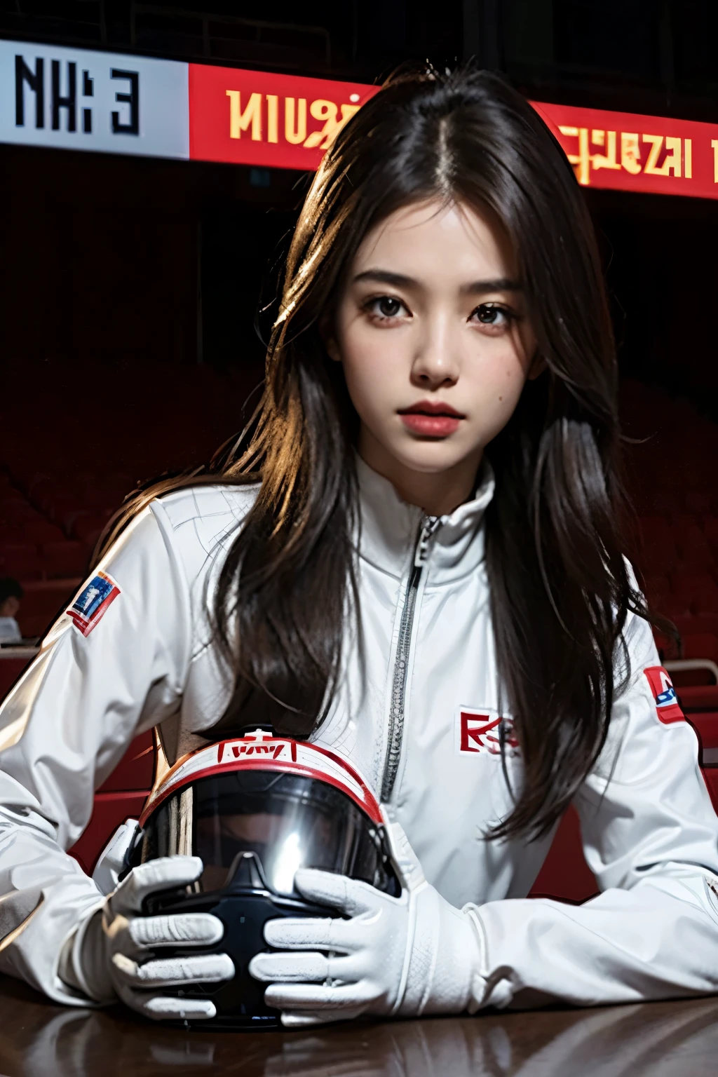 1 woman,biggest,Beloved,beautiful and delicate eyes,shiny hair,Visible through the hair,hair between eyes,DWJ Poster,soviet union 게시물,Red 단색,soviet union 포스터,soviet union,communism,brown hair,red eyes,vampire,teenage girl,poor milk,racing race suit, White_Gloves, sports shoes, Red_helmet, DWJ red letter on the top of the helmet, side lights, reflect, Right hand is outstretched，The left hand is touching the racing car. 태양은 빛을 reflect한다.，silver metal，Red Flag，Polish，soviet union의 스타일，diffused reflectetalictexture，The scenery is a racing stadium，In Mecca style,Star Ocean,high key,a proud man