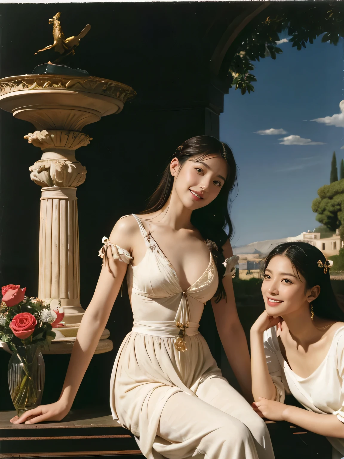 full body portrait or statue、Giorgione painting style,Arguments of two female Philosophe,math、astronomical machine、astronaut、roses in vase、fruits、Cute trinkets、smile、ancient greek costume、Ancient Roman landscape in the style of Nicolas Poussin,laughter,,Sweet and seductive appearance.、Caravaggio's paintings、Chiaroscuro of Caravaggio、hair tousled by the wind,Two women frolicking,cute smile, expression of ecstasy,Sexy,erotic,