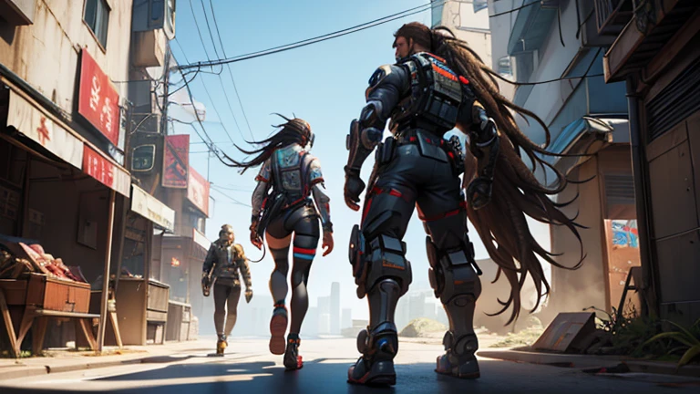 Best quality, 4k,3D, Unreal Engine, Character, Momotaro concept, Dreadlock, Cyberpunk, Mecha Legs, Long Hair, Male Character