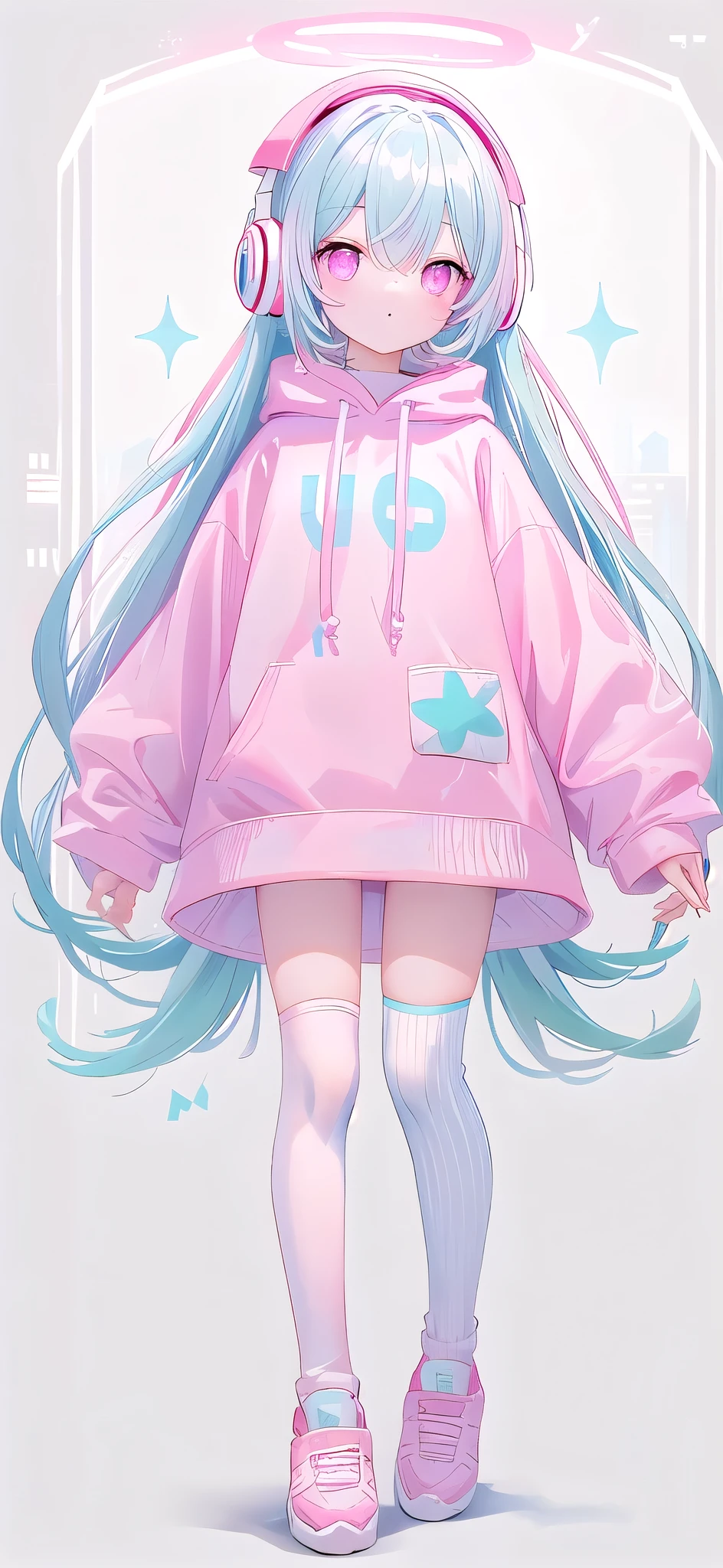 ，White knee socks，Long light blue hair，Pink and white sweatshirt，pink eyes，Blue headphones