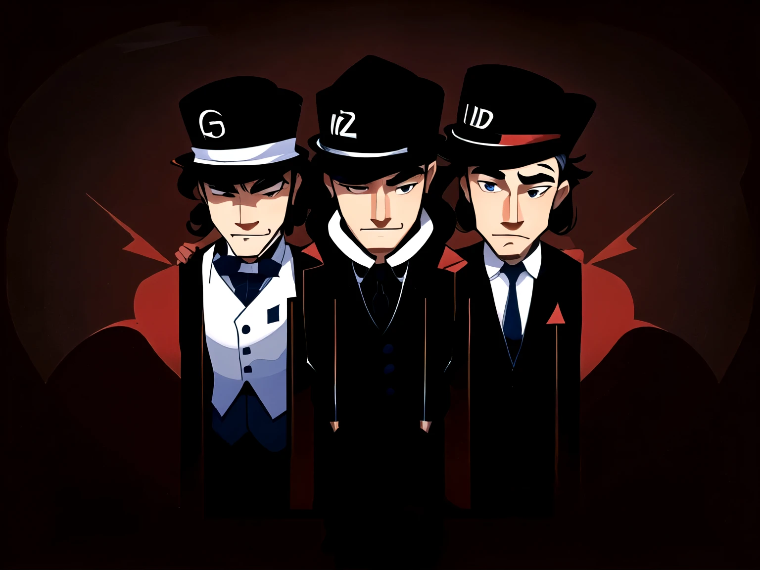 Three men in hats and suits standing in front of a red background, Cartoon and simple, 2D, 2D minimalist vector art, 2 d, 2D illustration, 2 d illustration, very stylized, Digital illustration style, gloomcore illustrations, alex and his friends, High-quality images, 3 heads, 2D minimalism, 2D art