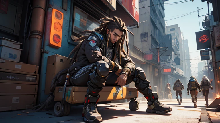 Best quality, 4k,3D, Unreal Engine, Dreadlock, Cyberpunk, Robot Legs, Long Hair, Male Character, Momotaro element