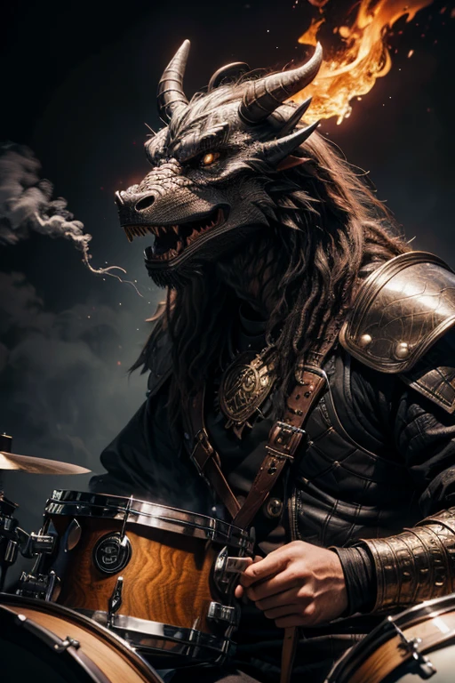 hairy mane,stoned eyes,steam from nose,hyperdetailization,(8k resolution),(best quality,masterpiece:1.2),ultra-detailed,realistic:1.37,Dragonborn drummer,festival,high resolution,black dragon,fiery stage