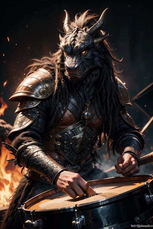 hairy mane,stoned eyes,steam from nose,hyperdetailization,(8k resolution),(best quality,masterpiece:1.2),ultra-detailed,realistic:1.37,Dragonborn drummer,festival,high resolution,black dragon,fiery stage