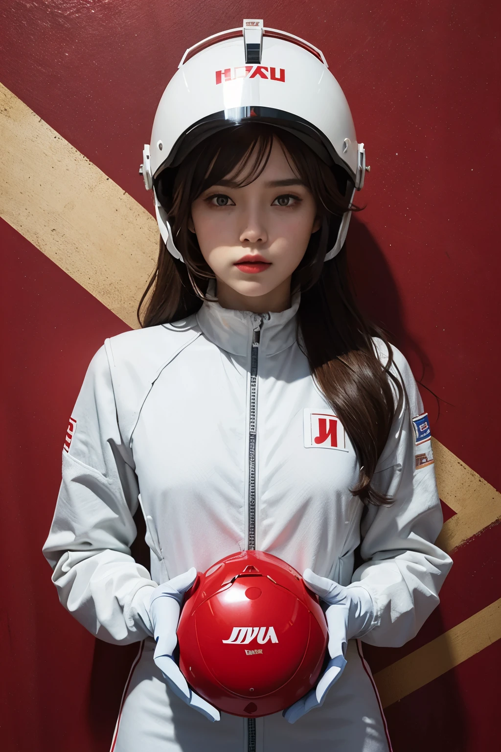 1 woman,biggest,Beloved,beautiful and delicate eyes,shiny hair,Visible through the hair,hair between eyes,DWJ Poster,soviet union 게시물,Red 단색,soviet union 포스터,soviet union,communism,brown hair,red eyes,vampire,teenage girl,poor milk,racing race suit, White_Gloves, sports shoes, Red_helmet, DWJ red letter on the top of the helmet, side lights, reflect, Right hand is outstretched，The left hand is touching the racing car. 태양은 빛을 reflect한다.，silver metal，Red Flag，Polish，soviet union의 스타일，diffused reflectetalictexture，The scenery is a racing stadium，In Mecca style,Star Ocean,high key,a proud man