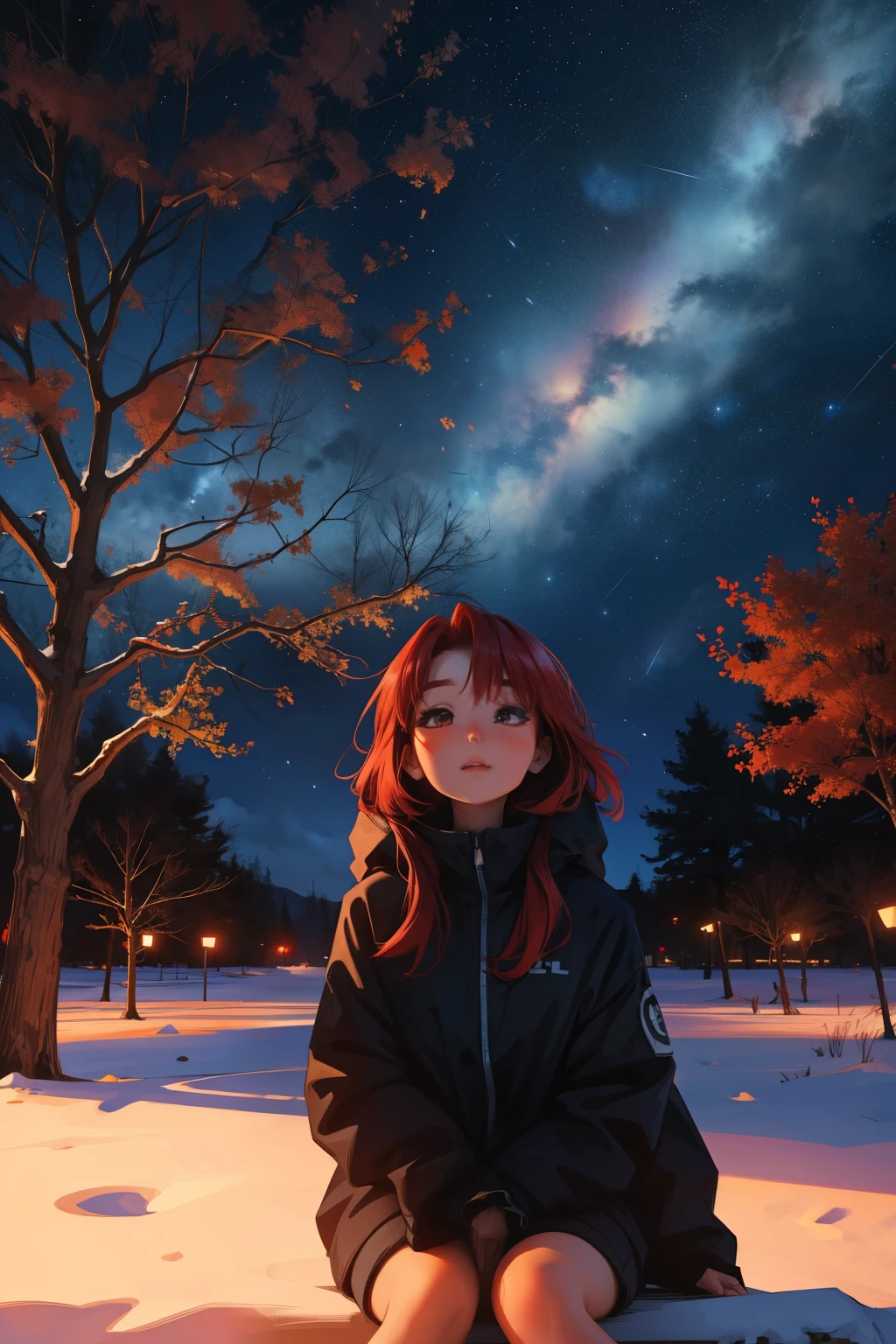 Girl with red hair sits in front of a tree and looks at the night sky. Und dabei ist sie traurig. best quality, 4k,