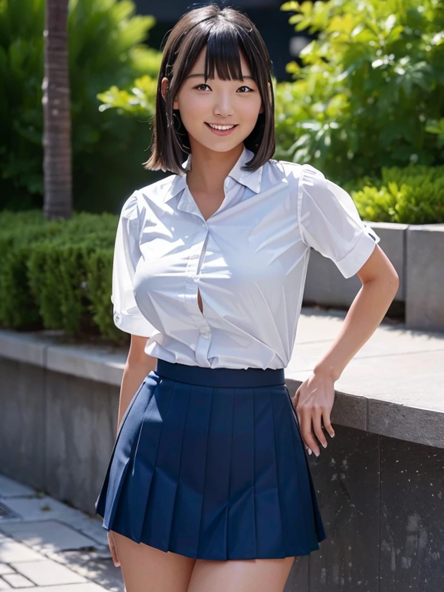 (high resolution:1.5),(8K:1.5),(High resolution:1.5),(masterpiece:1.5),Young face, Japanese girl,Looking at this,smile,Big Breasts,A white blouse that shows the shape of your breasts,Navy blue pleated mini skirt,whole body