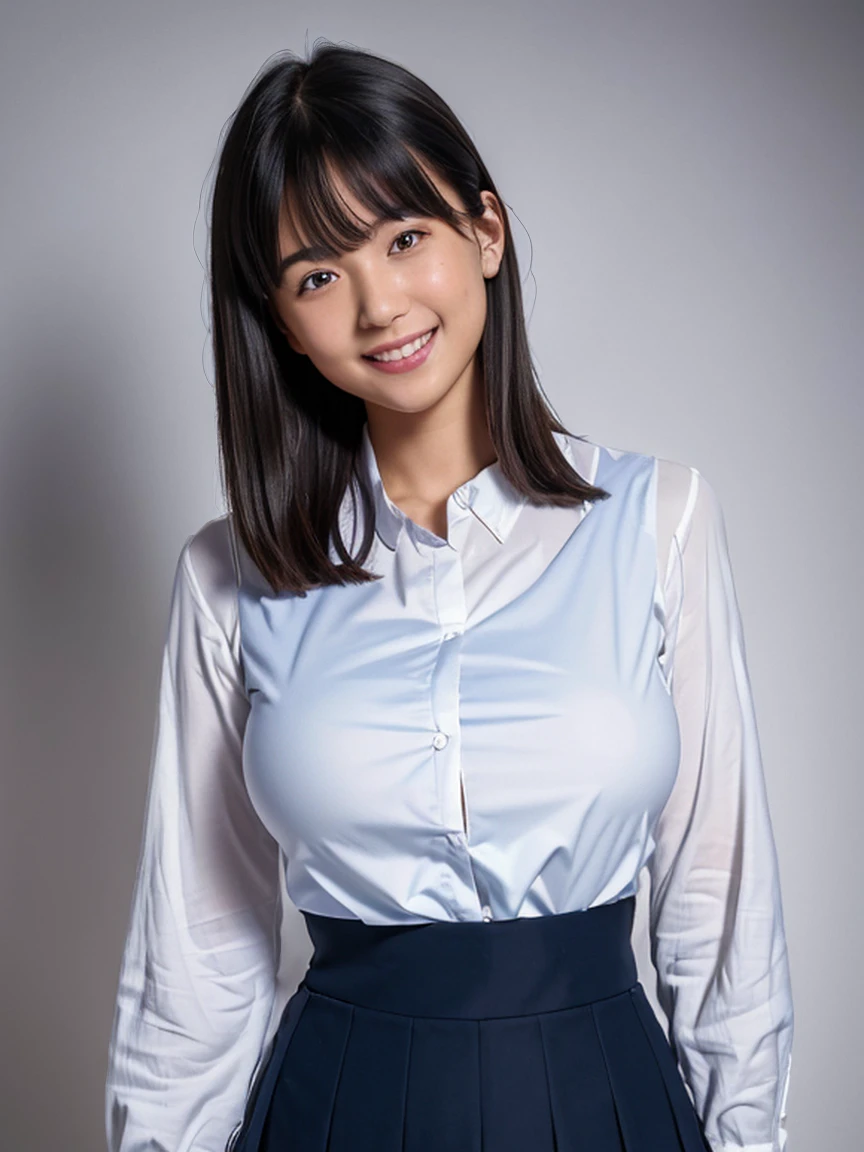 (high resolution:1.5),(8K:1.5),(High resolution:1.5),(masterpiece:1.5),Young face,10 year old Japanese girl,Looking at this,smile,Big Breasts,A white blouse that shows the shape of your breasts,Navy blue pleated mini skirt,whole body