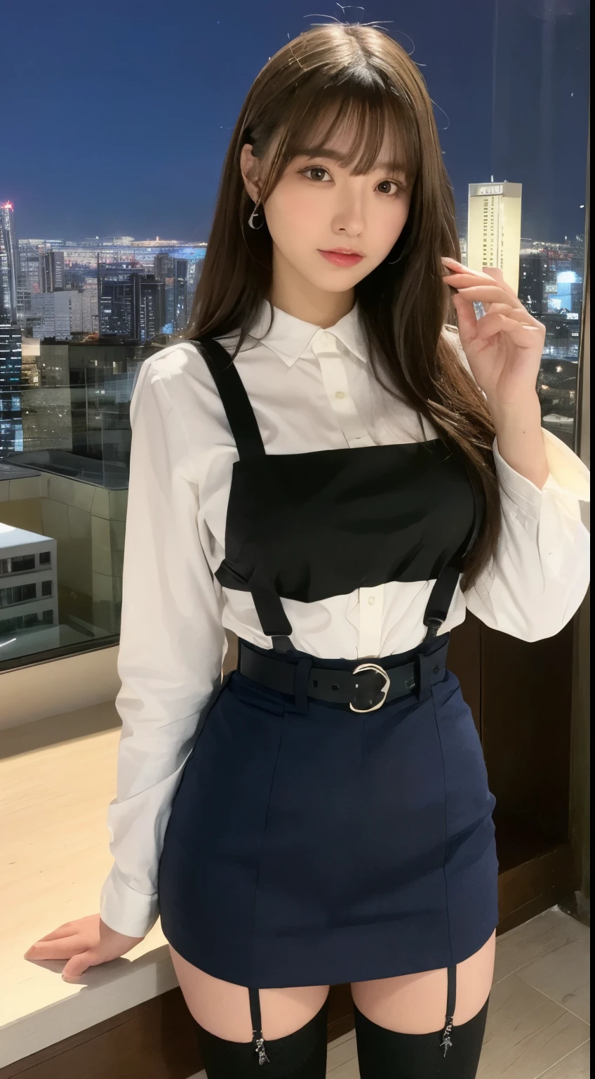 ((Midnight, highest quality, 8k, masterpiece :1.3)), whole body, Long legs, Sharp focus :1.2, Beautiful woman with perfect figure :1.4, Slim Abs :1.1, ((Dark brown hair, Big Breasts :1.2)), (White tight T-shirt, Jean Bib, Are standing:1.2), ((Night city view, rooftop:1.3)), Very detailedな顔と肌の質感, Fine grain, Double eyelids one girl,highest quality,masterpiece,figure,Very delicate and beautiful,CG,Unity,8k wallpaper,wonderful,In detail,masterpiece,Official Art,Very detailed CG Unity 8k wallpaper,Incredibly absurd,Large file size,Very detailedな,High resolution,Very detailed,Beautiful detailed girl,Realistic,from the front,Outdoor,　suspenders　　　Large swollen breasts　　 　 　　　　Black mini skirt　garter belt　Knee-high socks　　　　　　　bangs 　　　　　Beauty　　Hands up　　 　　Black boots 　　　　one person 　　　Dress shirt　　　Hands Behind Back　put your hands behind your back　　With your hands behind your back　Armament　holster　　A room at the Belt Hotel　Bed　Wall side　