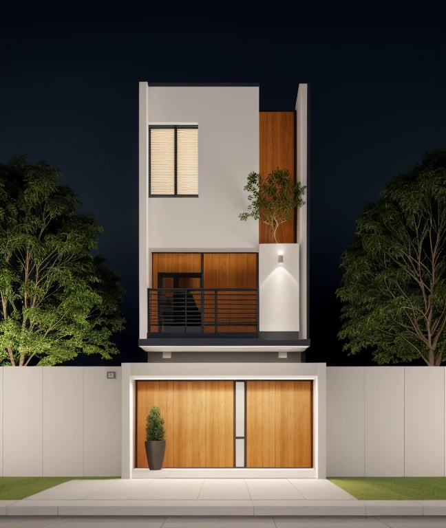 Realistic, hyper detail, 1 morden house, 1 road infront of the house, night light, light from indoor:1.3, few red flower, main maerial about white wall and wooden cladding