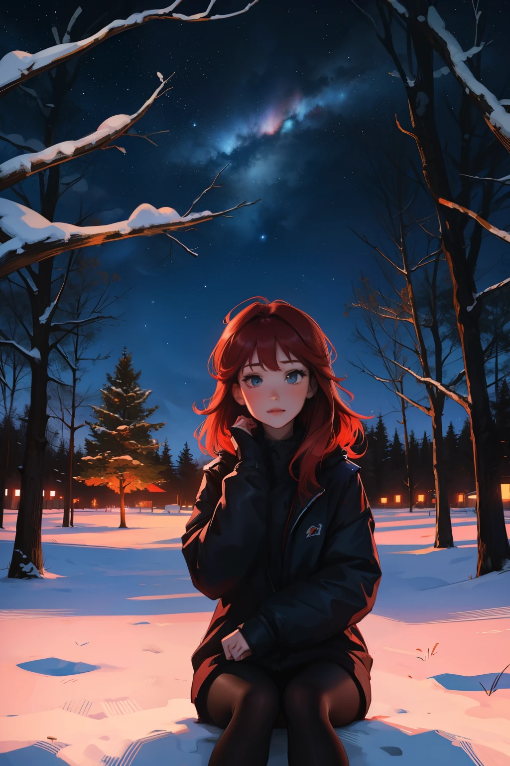 Girl with red hair sits in front of a tree and looks at the night sky. Und dabei ist sie traurig. best quality, 4k,