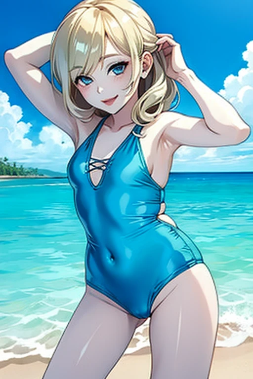 girl、solo、、swimsuit one piece、seductive pose、smile、beach、Playing with the waves on the beach、