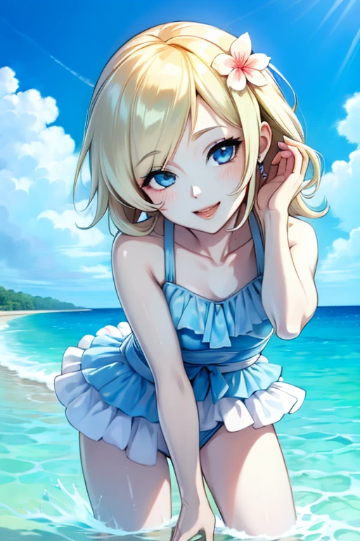 girl、solo、、swimsuit one piece、seductive pose、smile、beach、Playing with the waves on the beach、