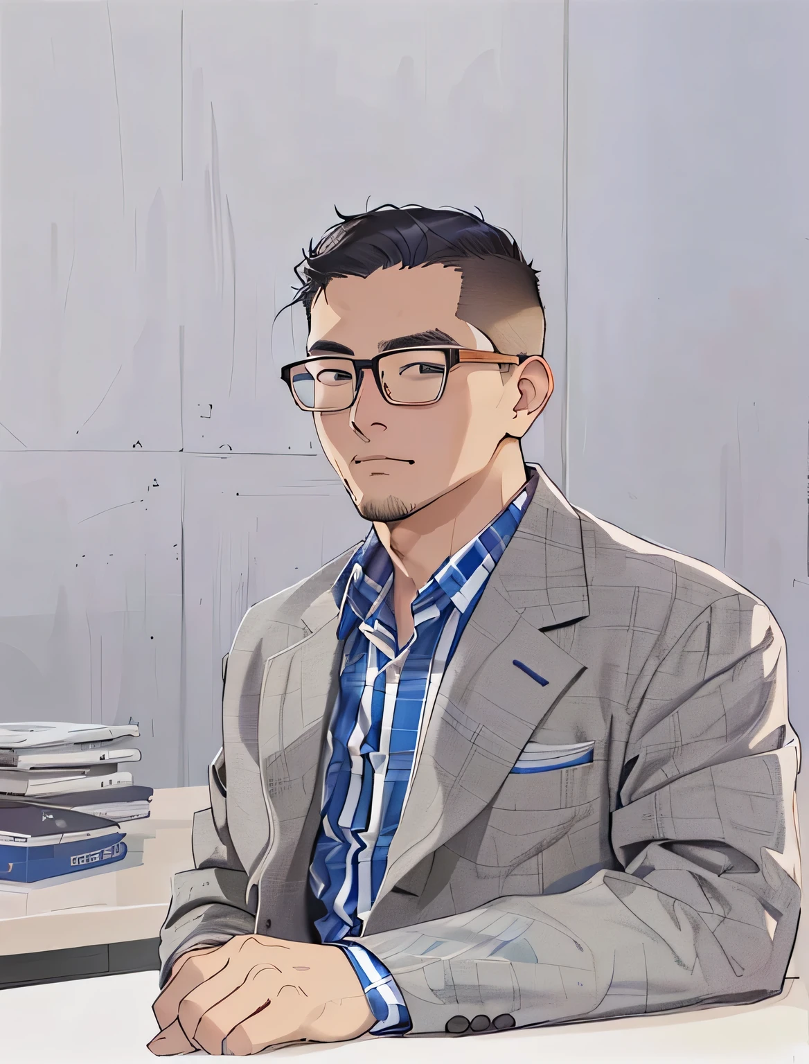 masterpiece, best quality, (There is a man sitting at the table,Wearing glasses,Korean comics,Cartoon,Hand-drawn style,Suit,Plaid shirt,Handsome male business employee,worker,temperament