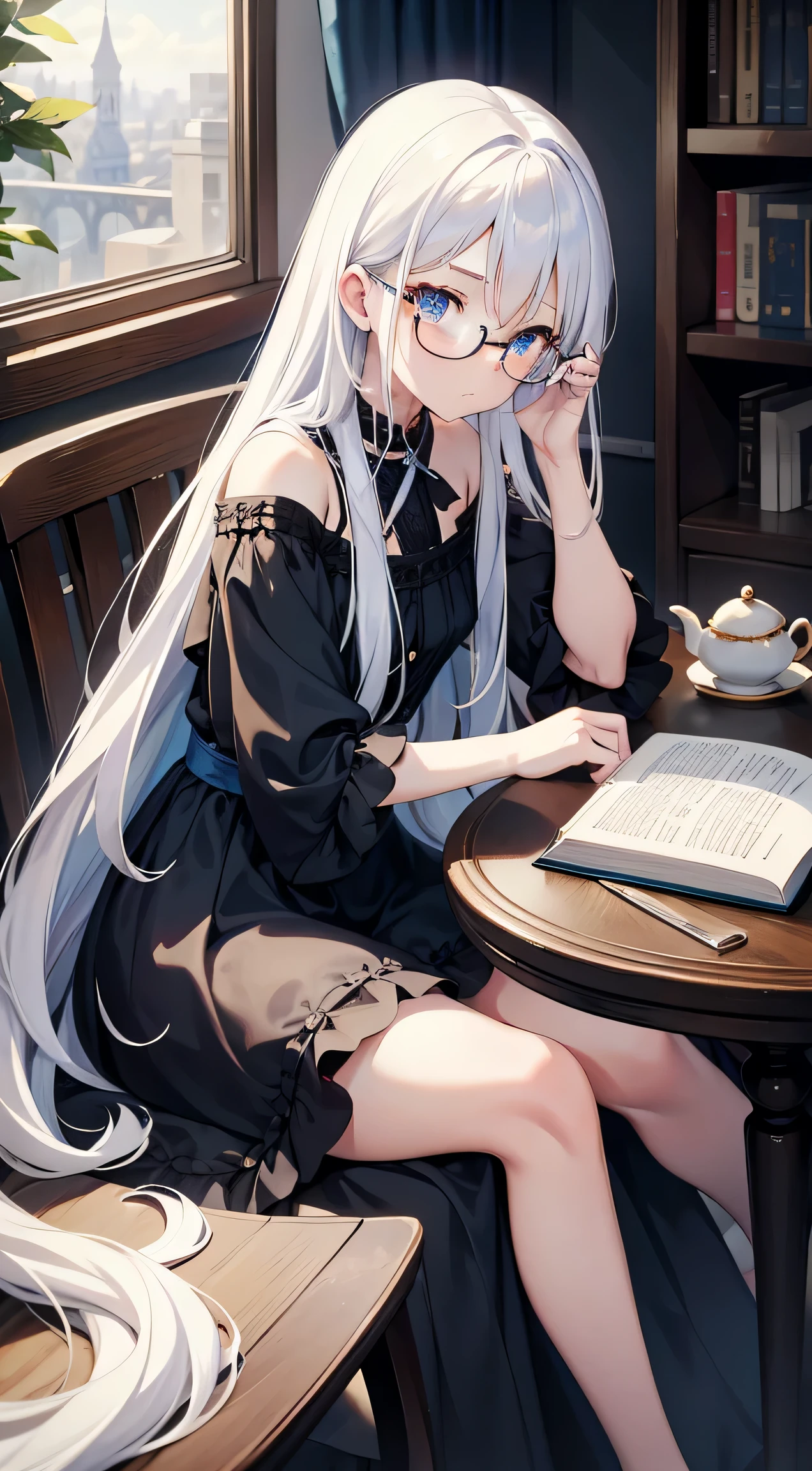 , Long white hair, blue eyes, black, Stylish glasses, blue dress, fluffy dress, short sleeves, open shoulders, book, sitting at a table, tea, Masterpiece, hiquality, 4k, HD, Good detail