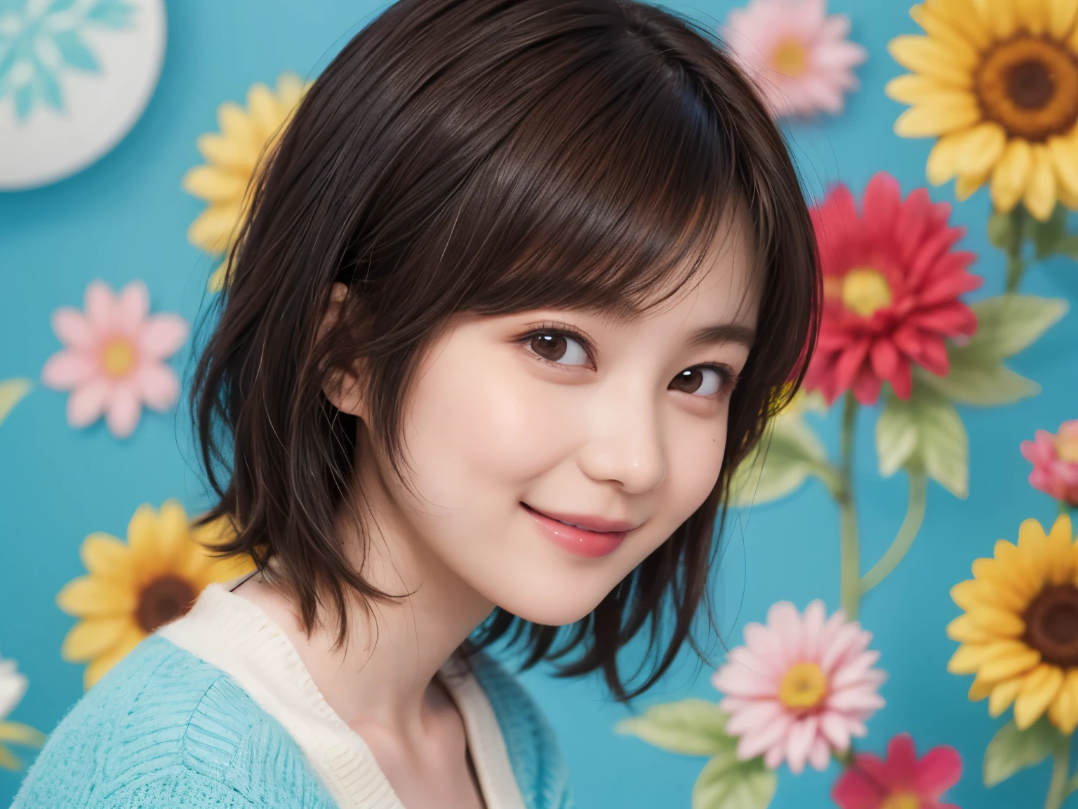 215 Short Hair, 20-year-old woman, A kind smile, Floral