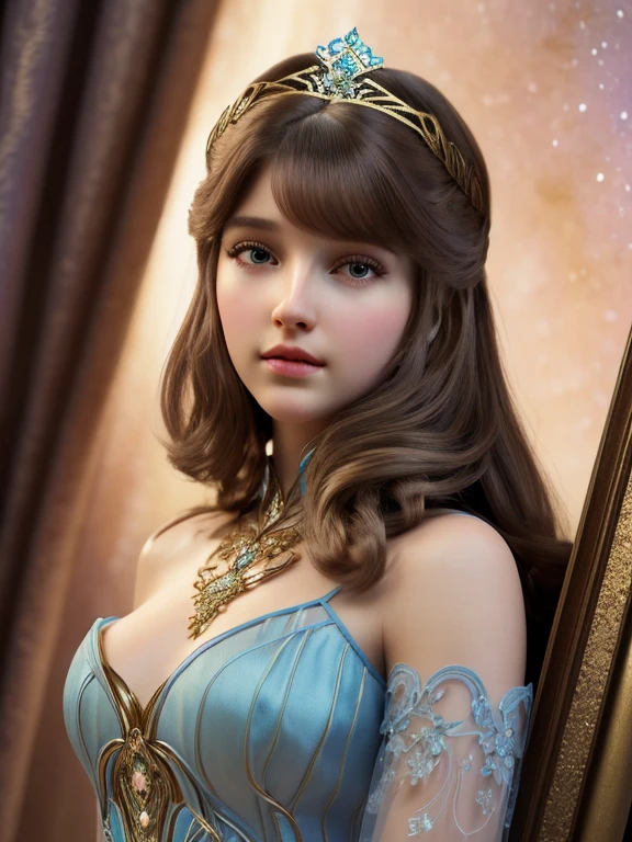 (Cinematic Photo:1.3) of (Realistic:1.3),(Cosy:1.3) beautiful girl, (intricate cute brown hair), highly detailed skin textures, lifelike skin texture, looking directly at camera, (looking at viewer), pouting lips, Pastel, glitter, dreamy,  dressed like a princess in blue gown, elegant, Whimsical, Highly detailed, Intricate, Fantasy theme, Fantasy concept art, beautiful girl, perfect body, dreamy, pastel, Watercolor, Whimsical, Delicate, Highly detailed texture, life like texture, digital painting, Highly Detailed photograph,(Art Deco:1.3),(Photorealism:1.3),Fujifilm Superia:1.3),naturalism, golden hour light
