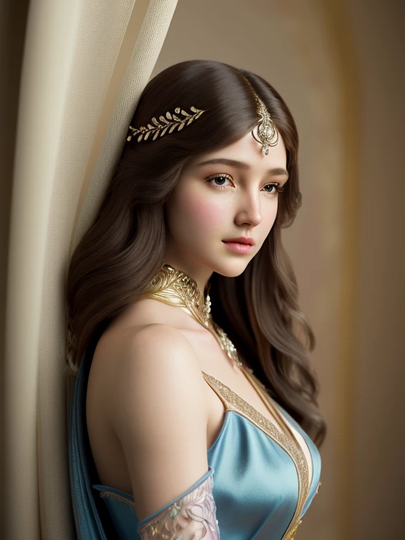 (Cinematic Photo:1.3) of (Realistic:1.3),(Cosy:1.3) beautiful girl, (intricate cute brown hair), highly detailed skin textures, lifelike skin texture, looking directly at camera, (looking at viewer), pouting lips, Pastel, glitter, dreamy, dressed like a princess in blue gown, elegant, Whimsical, Highly detailed, Intricate, Fantasy theme, Fantasy concept art, beautiful girl, perfect body, dreamy, pastel, Watercolor, Whimsical, Delicate, Highly detailed texture, life like texture, digital painting, Highly Detailed photograph,(Art Deco:1.3),(Photorealism:1.3),Fujifilm Superia:1.3),naturalism, golden hour light