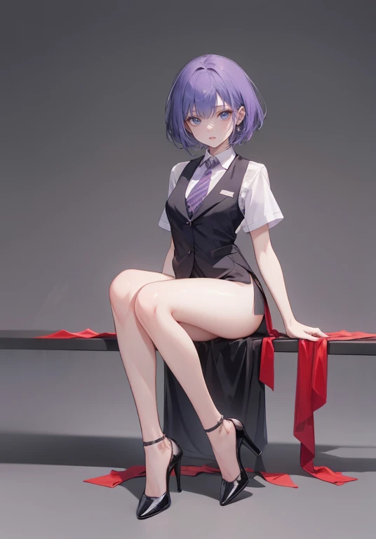 ((Perfect Face)),Purple Hair,Very short hair,1 female,,Black vest,Roll up your sleevesＹshirt,tie,slit,High heels,,((Simple Background)),smile,((Full Body)),((full body)),Arms down