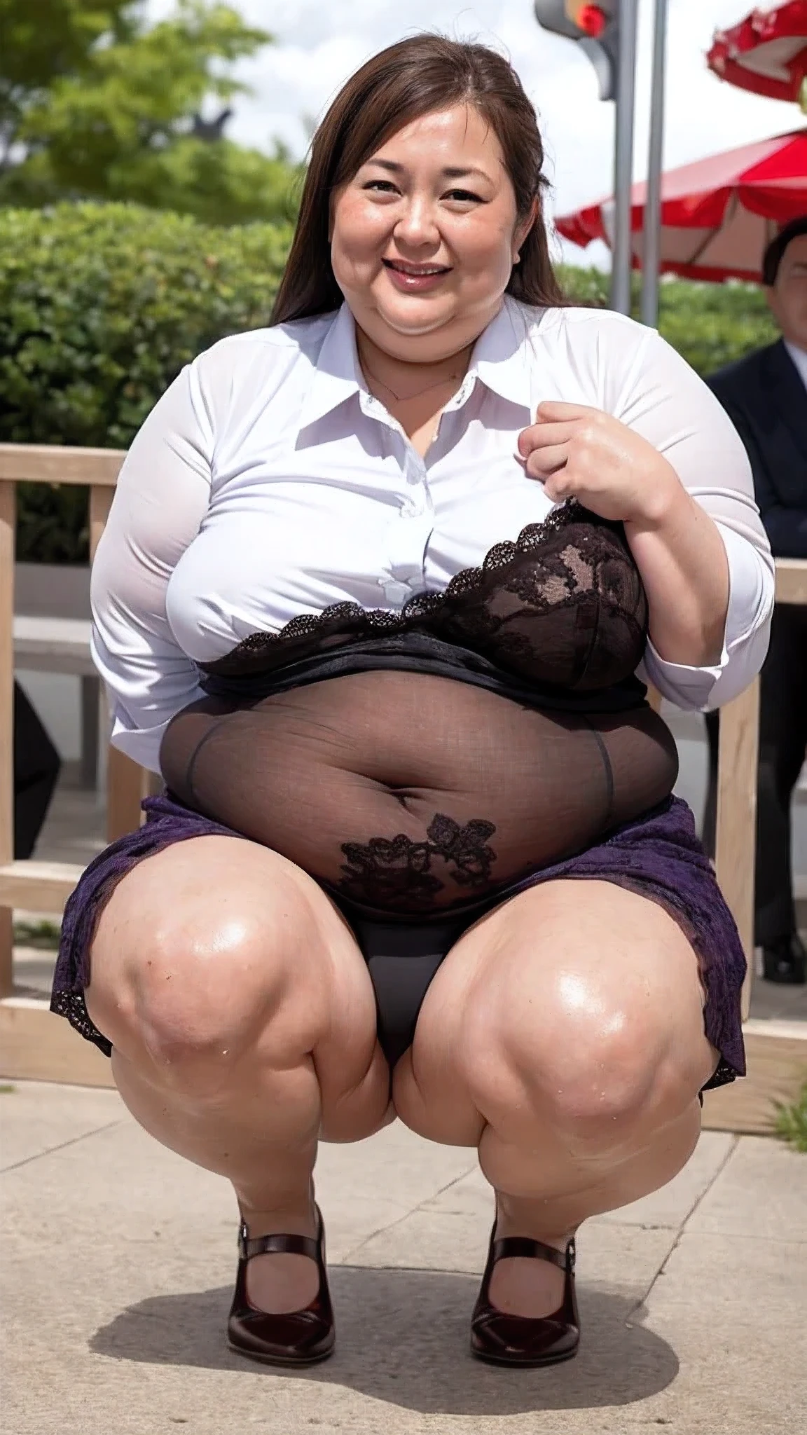 (((Photo Composition))), gravure, highest quality, Very detailed, Realistic, Very detailedskin, Perfect Anatomy, (Japanese MILF),80 years old, big breasts, Mature Woman, Sexy, Chromo White Skin, View your viewers,(((obesity))),((Double chin)),((Big belly)),Thick arms,thick upper arms,Thick legs,fat girl,(long hair),Facial wrinkles,make up,((brown hair)),(dress shirt),lace skirt,(wet skin),amusement park,squatting,(lace panties),(open leg),(show panties),cameltoe