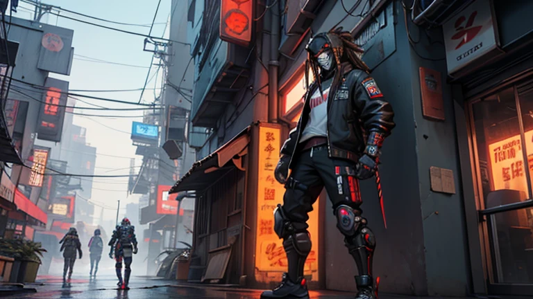 Best quality, 4k,3D, Unreal Engine, Momotaro, Cyberpunk, Male character, Sword, Dreadlock, Long hair, Robot legs, Cyberpunk Oni Mask