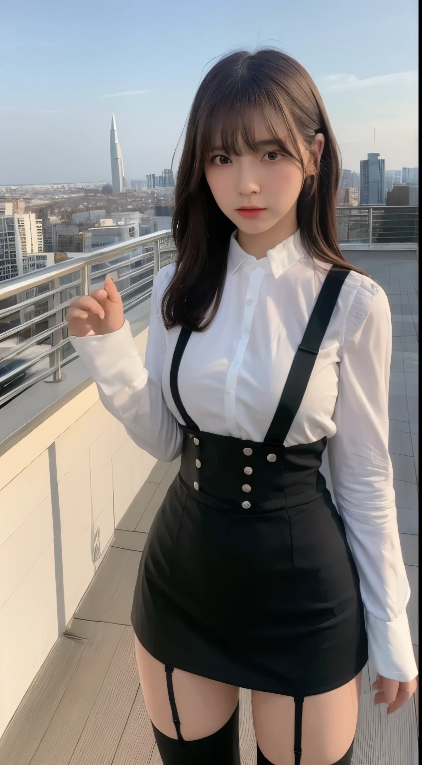 ((Midnight, highest quality, 8k, masterpiece :1.3)), whole body, Long legs, Sharp focus :1.2, Beautiful woman with perfect figure :1.4, Slim Abs :1.1, ((Dark brown hair, Big Breasts :1.2)), (White tight T-shirt, Jean Bib, Are standing:1.2), ((Night city view, rooftop:1.3)), Very detailedな顔と肌の質感, Fine grain, Double eyelids one girl,highest quality,masterpiece,figure,Very delicate and beautiful,CG,Unity,8k wallpaper,wonderful,In detail,masterpiece,Official Art,Very detailed CG Unity 8k wallpaper,Incredibly absurd,Large file size,Very detailedな,High resolution,Very detailed,Beautiful detailed girl,Realistic,from the front,Outdoor, suspenders Large swollen breasts Black mini skirt garter belt Knee-high socks bangs Beauty Hands up Black boots one person Dress shirt Hands Behind Back put your hands behind your back With your hands behind your back Armament holster A room at the Belt Hotel Bed Wall side